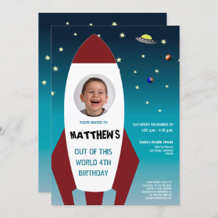 SPACE THEMED Photo Rocket 4th Birthday Invitation