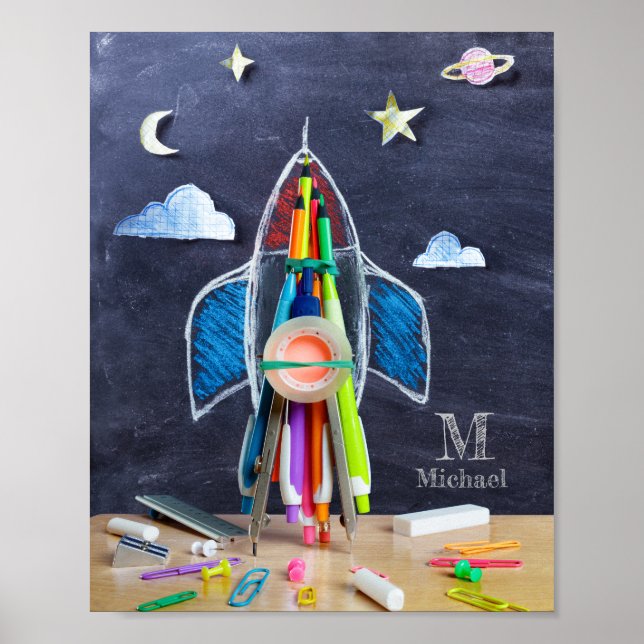 Space Themed Rocket Ship ~ Custom Monogram Kids Poster (Front)