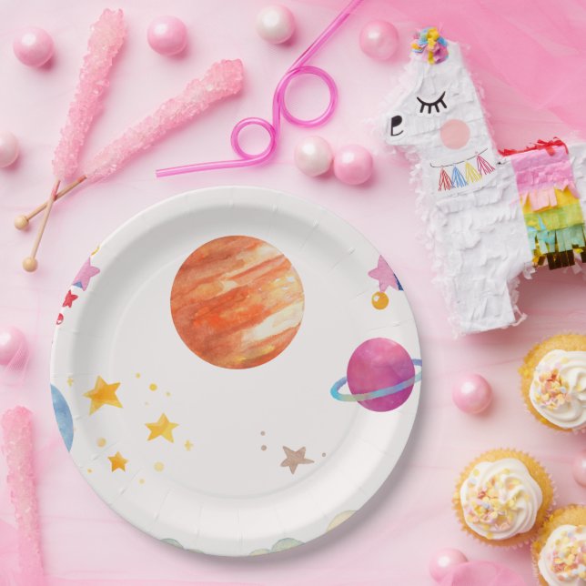 Space Themed Watercolor Design - Light Paper Plates (Party)