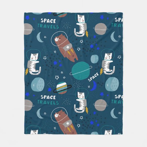 Space traveling cats and bears fleece blanket