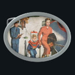 Space Traveller Oval Belt Buckle<br><div class="desc">Artist: Amos Sewell | Boy in space helmet boards airplane with mother</div>