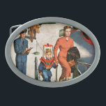 Space Traveller Oval Belt Buckle<br><div class="desc">Artist: Amos Sewell | Boy in space helmet boards airplane with mother</div>