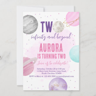 Space Two Infinity 2nd Birthday Invitation Pink
