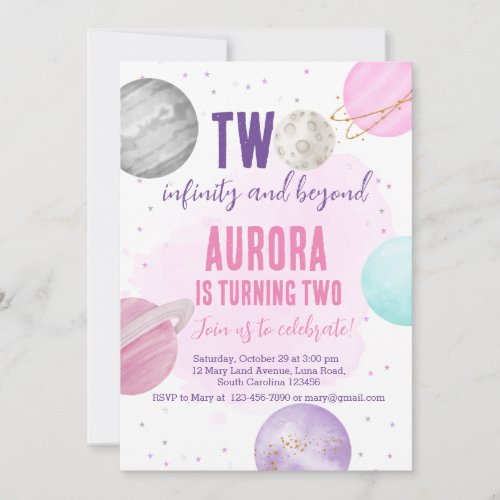 Space Two Infinity 2nd Birthday Invitation Pink