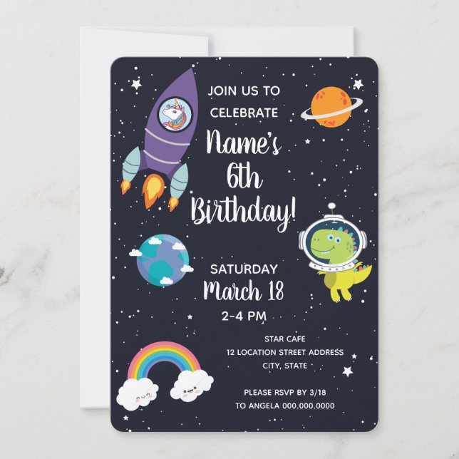 Space Unicorn Dinosaur Galaxy Birthday Party Invitation (Front)