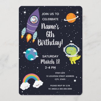 Space Unicorn Dinosaur Galaxy Birthday Party Invitation by LaurEvansDesign at Zazzle