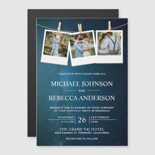 Space Universe Blue Galaxy Photo Collage Wedding Magnetic Invitation