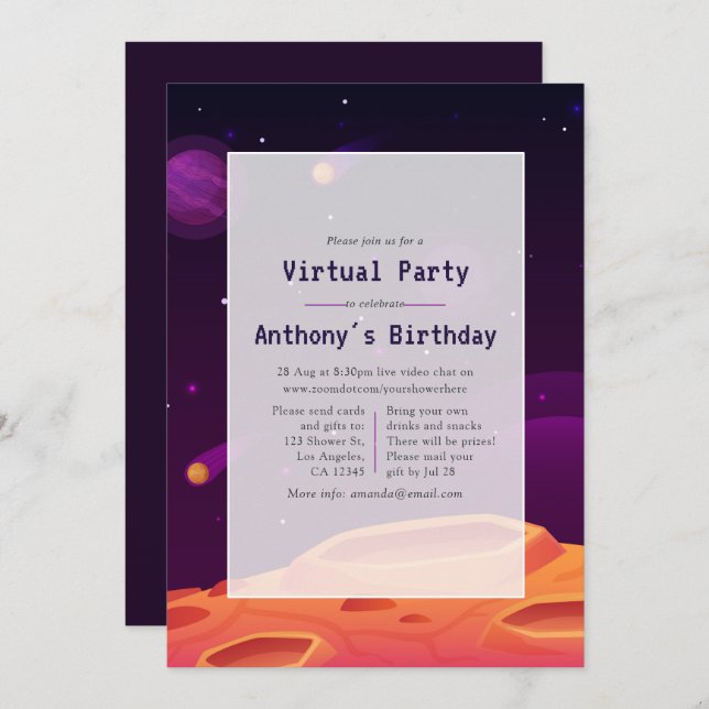 Space Virtual Birthday Party Invitation (Front/Back)