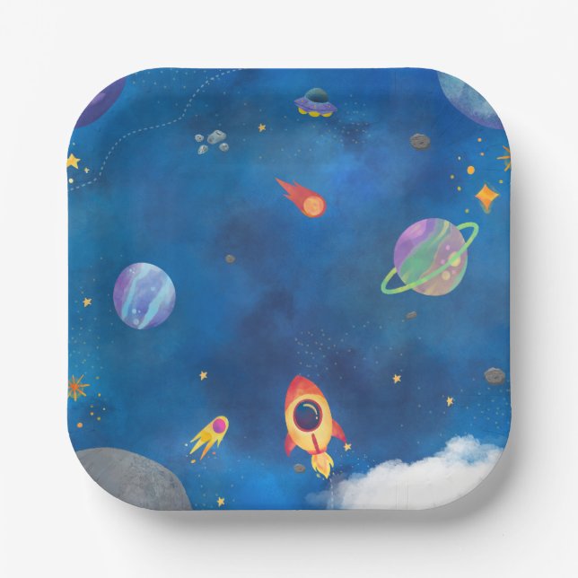 Space Watercolor Design - Dark Blue Paper Plates (Front)