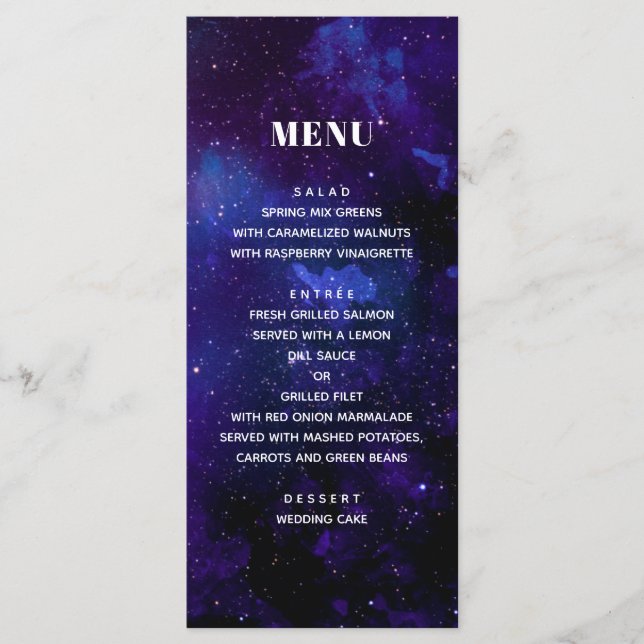 Space wedding. Night stars. Modern navy galaxy Menu (Front)