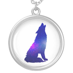 Space Wolf howling - Choose background color Silver Plated Necklace