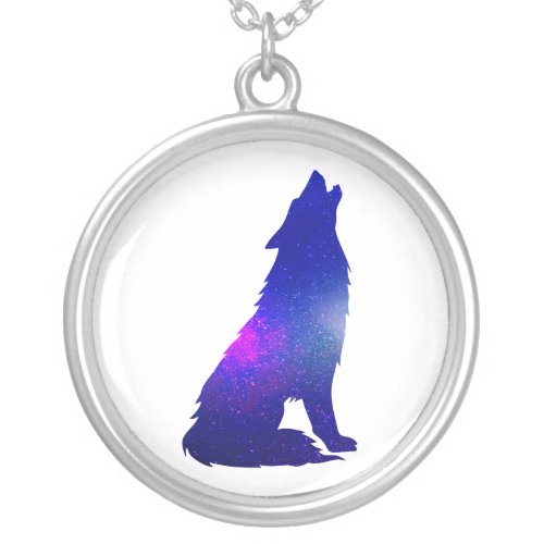 Space Wolf howling _ Choose background color Silver Plated Necklace