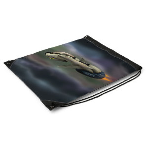 Spacecraft flying through a planet drawstring bag
