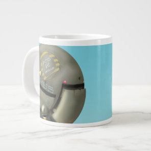 Spacecraft flying through a planet giant coffee mug