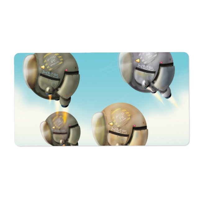 Spacecraft flying through a planet label (Front)