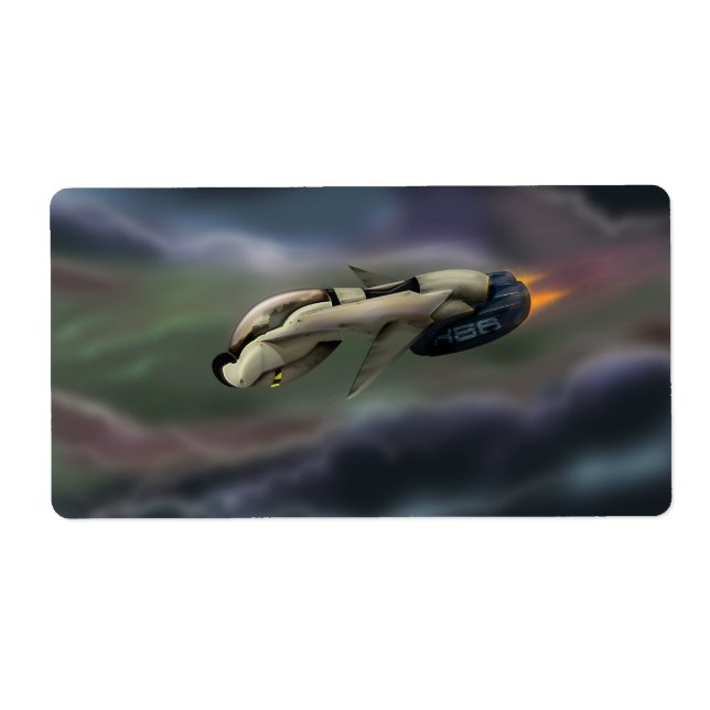Spacecraft flying through a planet label (Front)