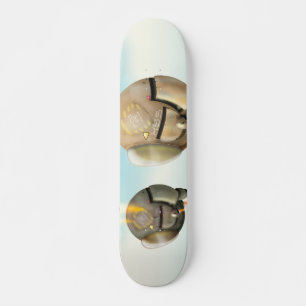 Spacecraft flying through a planet skateboard deck
