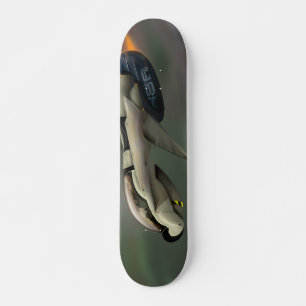 Spacecraft flying through a planet skateboard deck
