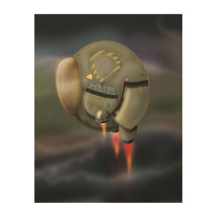 Spacecraft flying through a planet wood wall decor