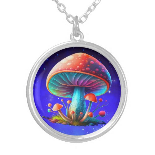 Spaced Out Rainbow Amanita Muscaria Silver Plated Necklace