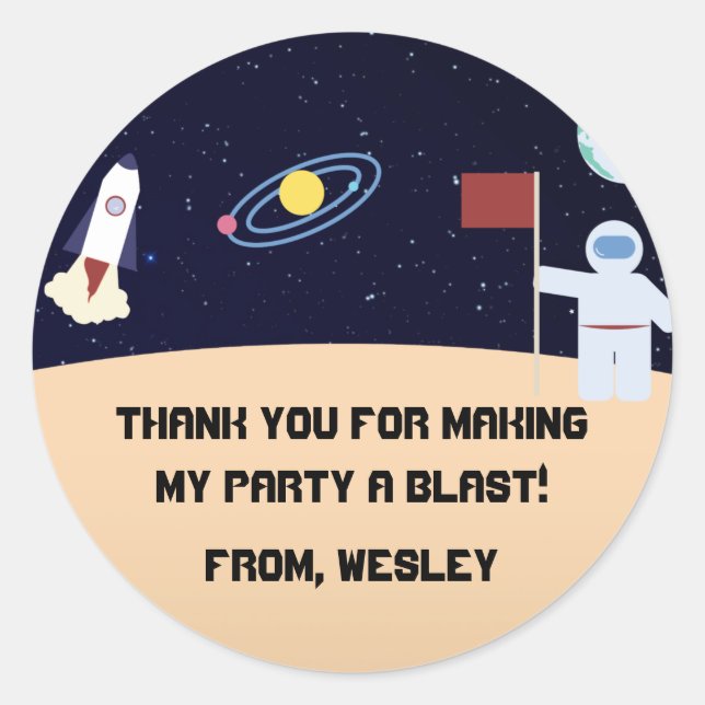Spaced theme party favor sticker, thank you classic round sticker (Front)
