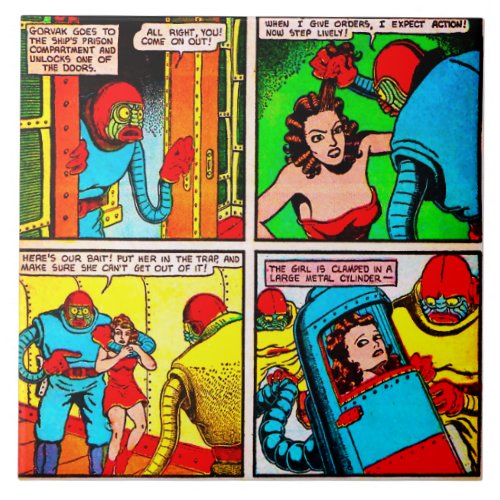 SpaceHawk Martians and a Damsel Comic Book Page Ceramic Tile