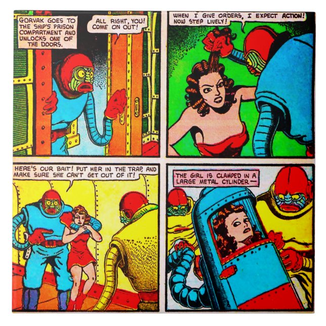 SpaceHawk, Martians, and a Damsel Comic Book Page Ceramic Tile (Front)