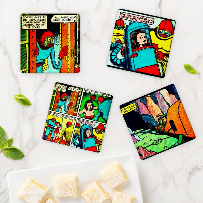 SpaceHawk, Martians, and a Damsel Comic Book Page Coaster Set