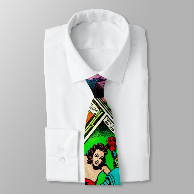 SpaceHawk, Martians, and a Damsel Comic Book Page Neck Tie (Tied)