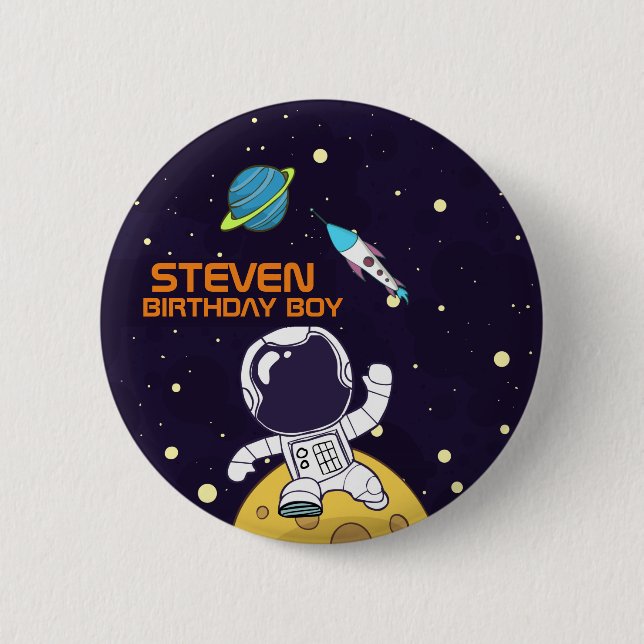 Spaceman Astronaut Floats in Outer Space Birthday Button (Front)