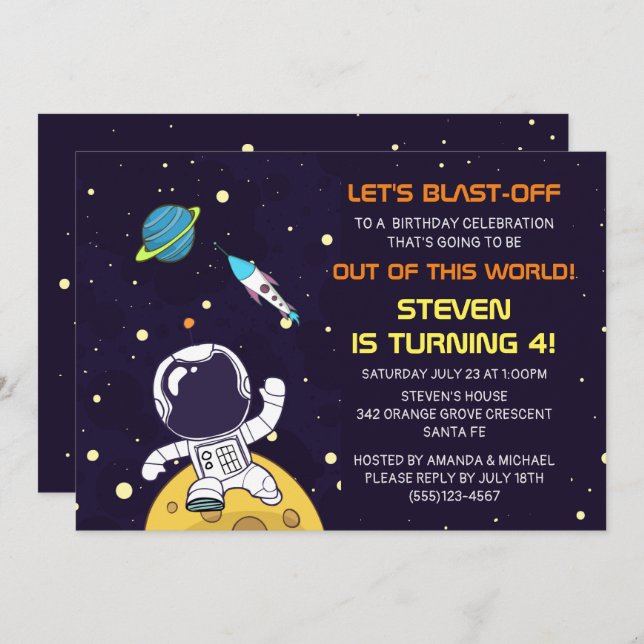 Spaceman Exploring Outer Space Birthday Invitation (Front/Back)