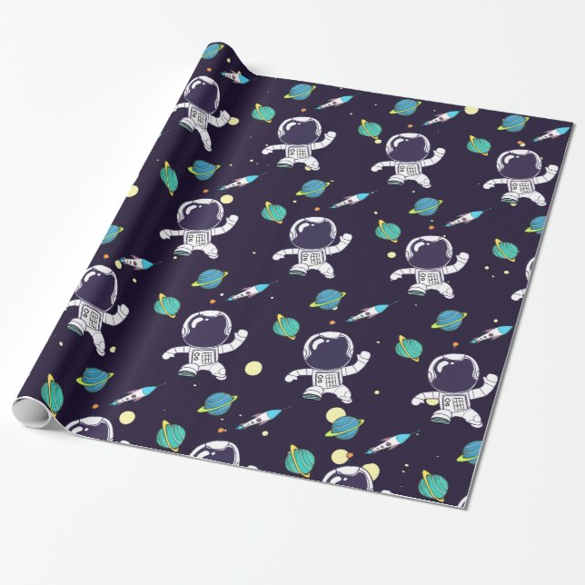 Spaceman Floating in Outer Space Pattern Wrapping Paper (Unrolled)