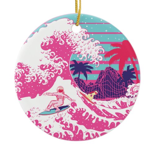 Spaceman surfing The Great pink wave Ceramic Ornament