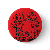 Spaceman versus Dinosaur man pin back Button red