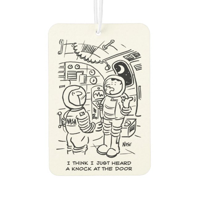 Spacemen on Spaceship Hear Knock at Door Air Freshener (Back)
