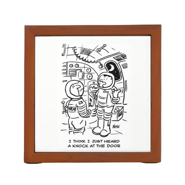 Spacemen on Spaceship Hear Knock at Door Desk Organizer (Back)