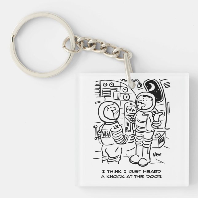 Spacemen on Spaceship Hear Knock at Door Keychain (Front)