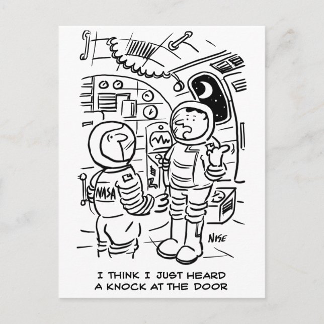 Spacemen on Spaceship Hear Knock at Door Postcard (Front)