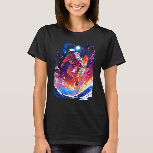 Spacer surfing the waves of an alien planet hangin T-Shirt (Front)