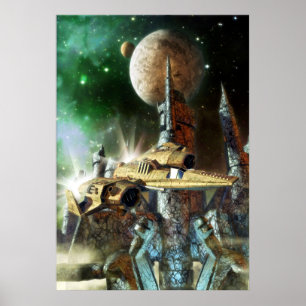 Spaceship and alien planet poster