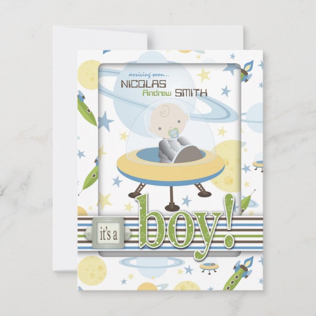 Spaceship Astronaut Baby Shower Invitations (Front)
