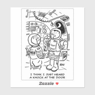 Spaceship Astronauts Hear Knock at Door Cartoon. Sticker