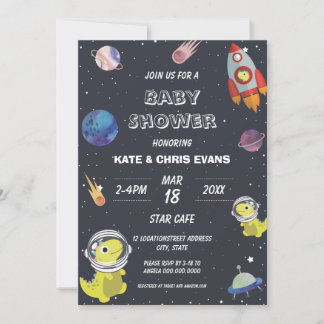 Spaceship Dinosaur Star Planet Galaxy Baby Shower Invitation