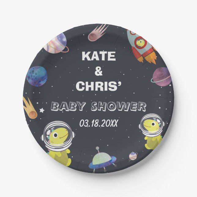 Spaceship Dinosaur Star Planet Galaxy Baby Shower Paper Plates (Front)