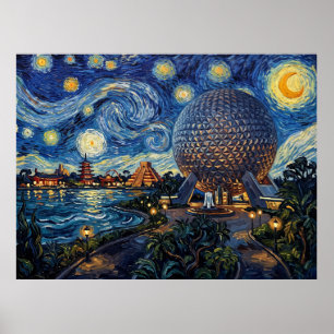 Spaceship Earth Beneath a Van Gogh Sky — EPCOT Aft Poster