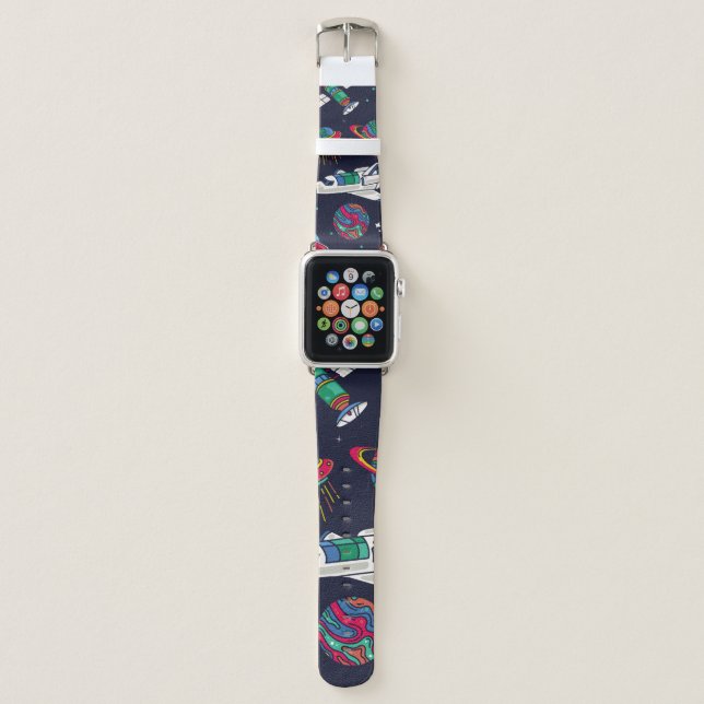 Spaceship in Galaxy seamless pattern. Background w Apple Watch Band (Front)
