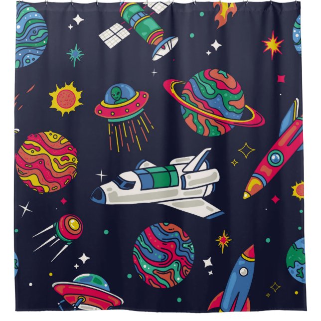 Spaceship in Galaxy seamless pattern. Background w Shower Curtain (Front)