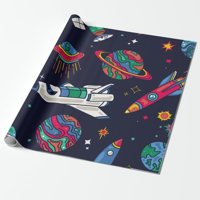 Spaceship in Galaxy seamless pattern. Background w Wrapping Paper (Unrolled)