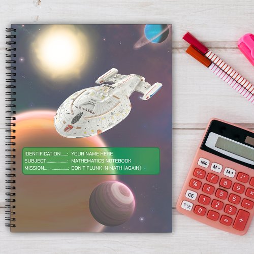 Spaceship in outer space sun  planets spiral notebook