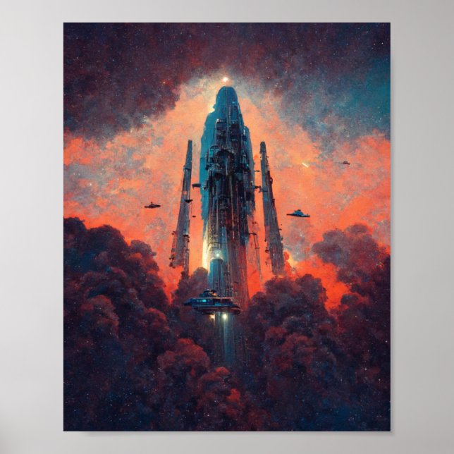 Spaceship Liftoff Sci-Fi Art Poster (Front)